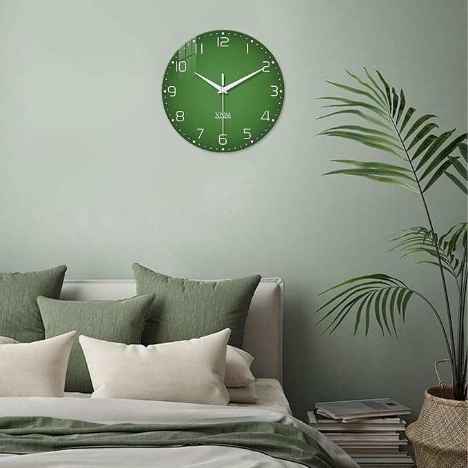 XNM Bedroom Clock Battery Operated Glass Minimalist Green Wall Clock 12 Inch Round Small Wall Clock Silent Non Ticking