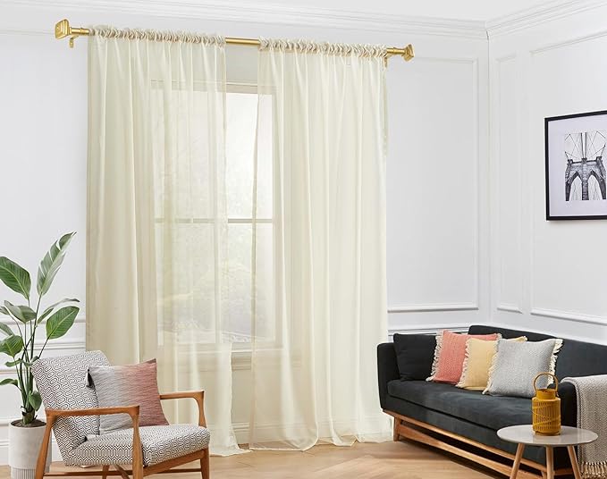 Decorative Gold Curtain Rods for Windows 72 to 144 Inches(6-12ft), USFOOK 7/8 Inch Long Curtain Rod 32 to 144 Inches, Heavy Duty Single Drapery Rods, Square End