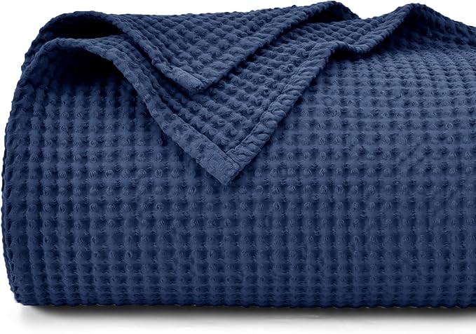 PHF 100% Cotton Waffle Weave Blanket King Size for Bed,Snag Proof Lightweight Breathable Throw for Couch,Great for Layering in Cold Weather,Machine Washable,Home Decor Gift-Navy Blue/Bright Blue