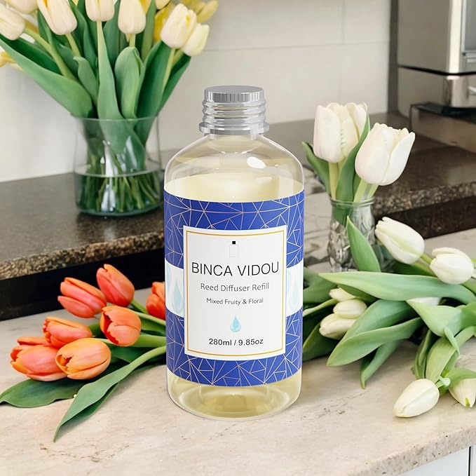 Reed Diffuser Oil Refill, Binca Vidou Mixed Fruity and Floral Bergamot Vanilla Lavender and Jasmine Scented Oil Include 12 Sticks for Bathroom Bedroom Office 9.85oz/280ml