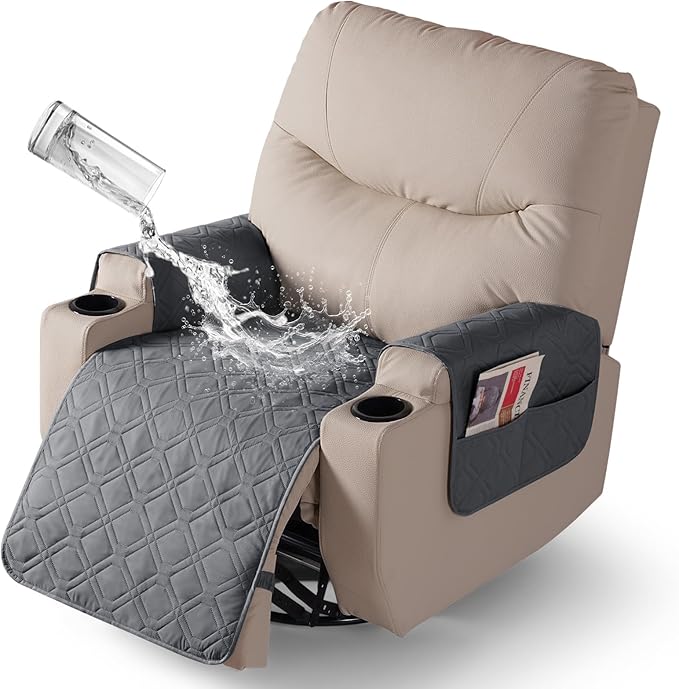 VANSOFY Recliner Chair Covers 100% Waterproof Seat Cover with Arm Reclining Cover Non-Slip Recliner Chair Covers Furniture Protector Washable Slipcover with Pocket for Pets, Dogs(Natural Gray, 22")