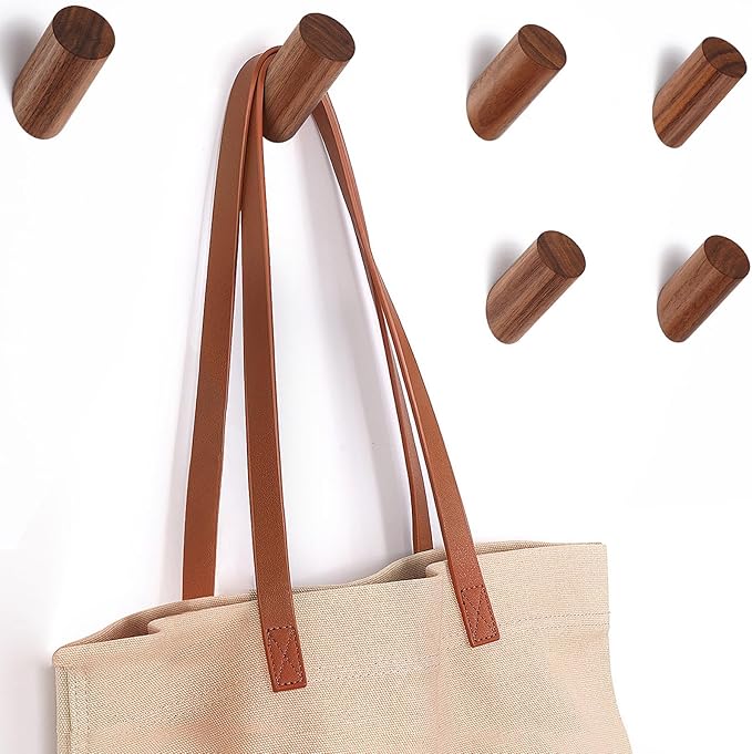 Wood Wall Hooks, 6 Pack Natural Wooden Coat Hooks Wall-Mounted, Rustic Heavy Duty Hook for Hanging Towels Coats Plants, Entryway Hat Hanger Wall Coat Rack (Walnut Wood)
