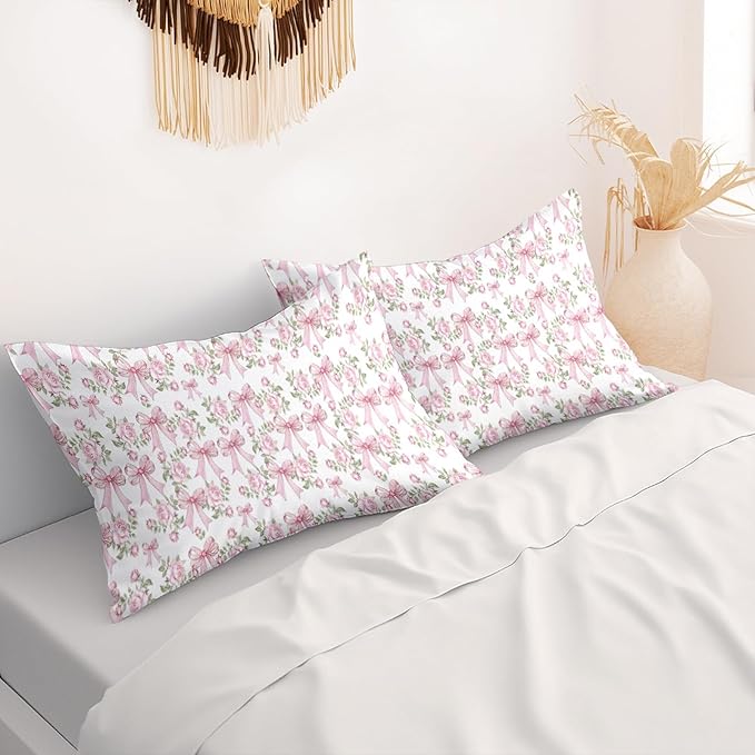 Pink Floral Pillow Protectors with Zipper Standard Size Coquette Bow Print Pillow Covers Set of 2 Vintage Preppy Pillowcases Protector for Girl Woman Pink and White Bed Pillow Covers 30"X20"