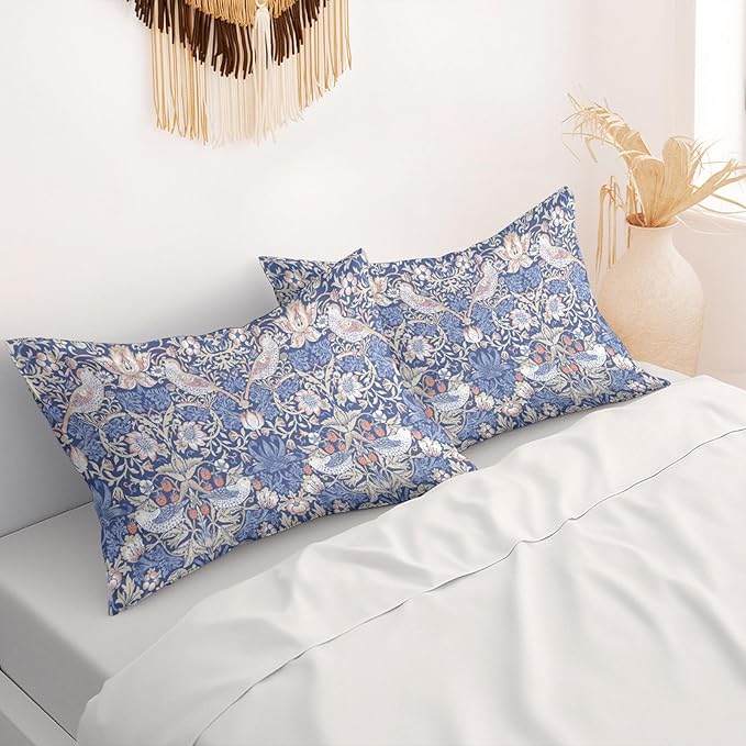 William Morris Pillow Protectors with Zipper Standard Size Vintage Strawberry Bird Print Pillow Covers Set of 2 Floral Botanical Pillowcases Mid Century Modern Blue Bed Pillow Covers 20"x30"