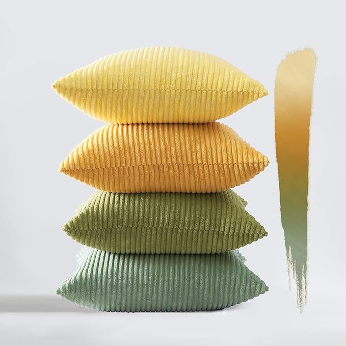 Topfinel 20x20 Oversized Throw Pillows Covers Set of 4 Euro Shams,Farmhouse Yellow Green Mix and Match Cushion Cases,Corduroy Striped Accent Pillows for Vanilla Girl Room Decor