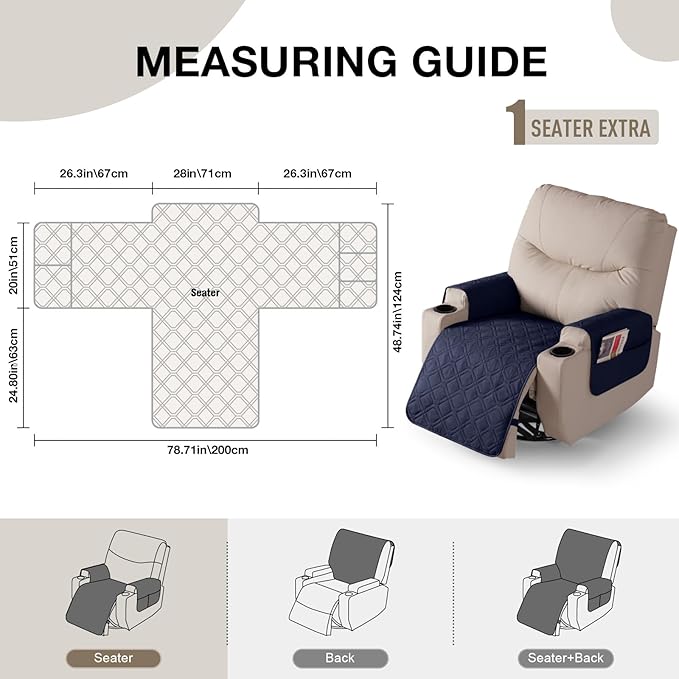 VANSOFY Recliner Chair Covers 100% Waterproof Seat Cover with Arm Reclining Cover Non-Slip Recliner Chair Covers Furniture Protector Washable Slipcover with Pocket for Pets, Dogs(Dark Blue, 28")