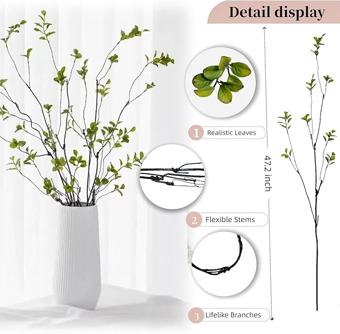 4 Pcs Artificial Ficus Branches Faux Eucalyptus Stems, 47.2 Inch Fake Greenery Stems Realistic Touch Faux Branches for Vase for Office Home Wedding Vase Filler Decoration