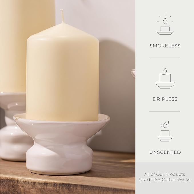 Bask Cone Top Pillar Candles - Elegant Ivory Candles - Set of 3 Ivory Pillar Candles - 3"x4", 3"x6", and 3" x8 - Smokeless and Dripless Decorative Candles for Home Decor and Relaxation