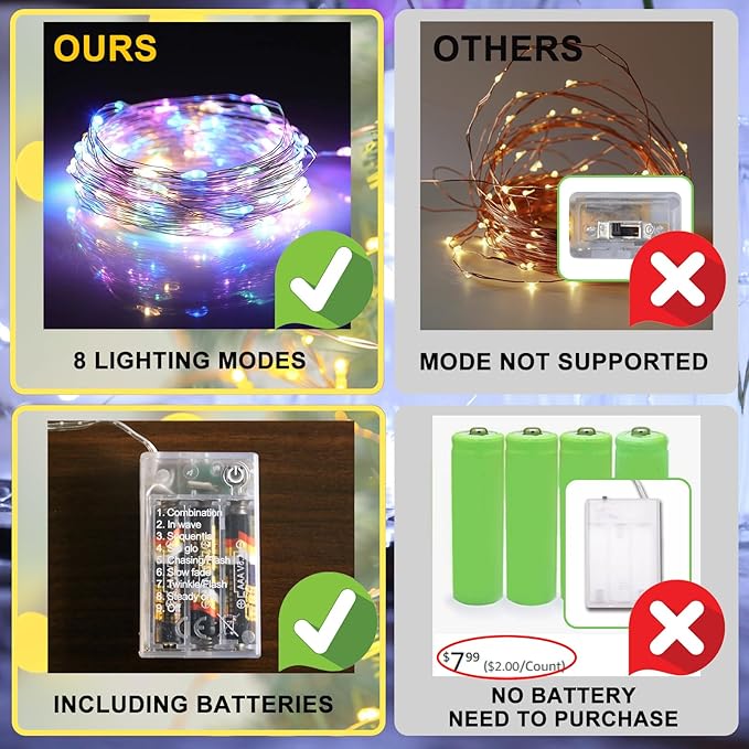 Multicolor Fairy Lights Battery Operated (Included), 8 Modes & Auto Timer, 2 Packs 5m 50Led Mini Twinkle Silver Wire Firefly Starry Lights, Waterproof Battery Operated Lights for Bottle