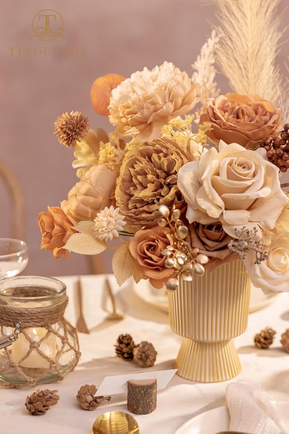 TINGE TIME Fake Flowers Artificial Flowers Peonies Bulbous Chrysanthemum Daisy Hydrangea Sunflower Violets Dahlia Daffodils Epiphyllum Orchid Cherry Blossom Camellia Leyaron (Nude Color & Pale Coffee)