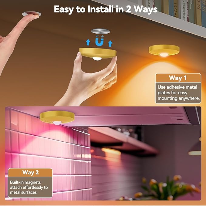 Yiliaw Rechargeable Puck Lights with Remote, Magnetic Under Cabinet Lighting, 1500mAh Battery Operated LED Tap Lights with Dimmer & Timmer for Kitchen, Closet, Shelf，Gold-3 Color Temps-12RGB，12-Pack