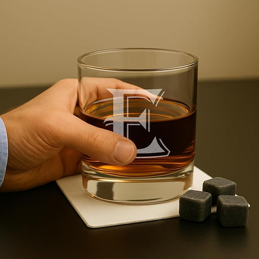 (E-Monogram)- 4 Piece Set of 11 Ounce Engraved Heavy Base Rocks Glasses Elegant Glass-Multi-Purpose Beverage-Rocks Glass- Gift for any Occasion- By: On The Rox