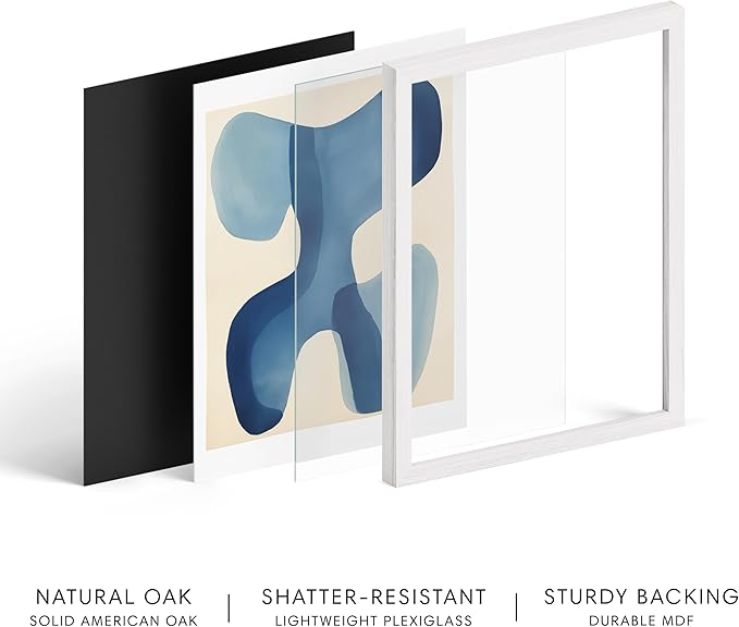 HAUS AND HUES Modern Abstract Wall Art - Blue and Green Living Room Art, Modern Artwork for Walls, Minimalist Picture for Living Room(Blue Shapes, White Frame, 8x10)