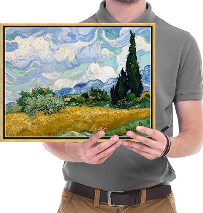 Wieco Art Framed Wall Art of Wheat Field with Cypresses by Vincent Van Gogh Paintings Reproduction Abstract Canvas Prints for Home Living Room Decorations Bronze Gold Frame
