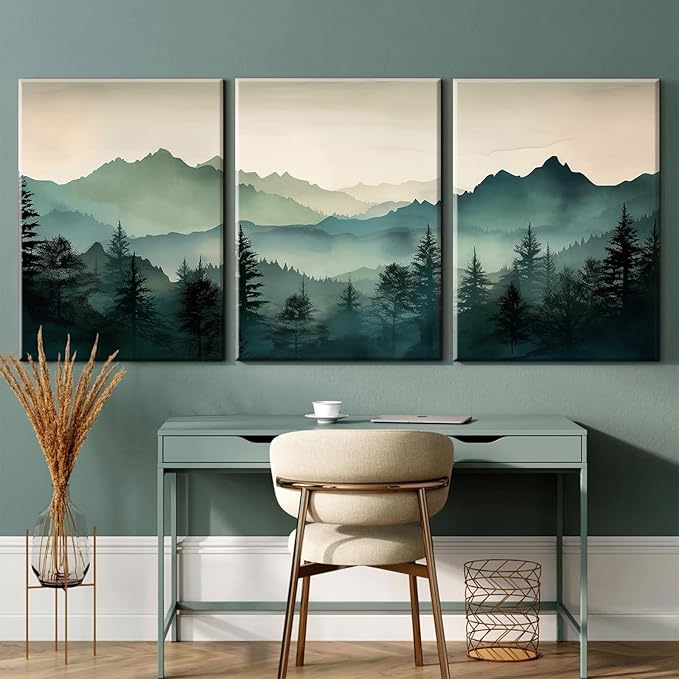 Mountain Wall Art Decor Set of 3 Sage Green Forest Canvas Wall Art Prints Nature Landscape Wall Decor Watercolor Pine Tree Pictures Abstract Modern Painting for Living Room Bedroom 12x16 Inch Framed