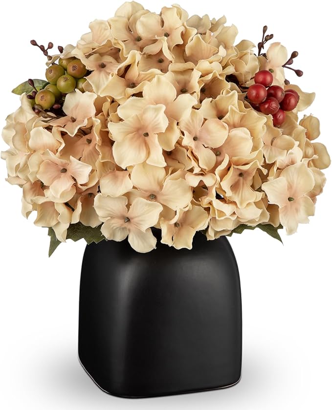 Briful Hydrangea Artificial Flowers in Black Square Ceramic Pot, Beige Silk Hydrangea Flowers Realistic Potted Fake Flowers with Berries for Home Decor Indoor Wedding Table Centerpieces
