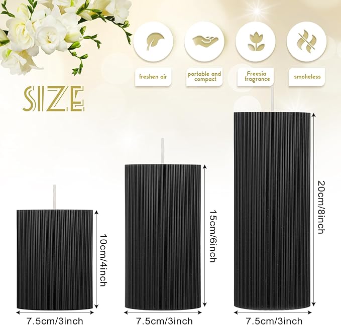 Ribbed Pillar Candles Set of 3, Width 3" High 4" 6" 8" Large Soy Wax Orchids Scented Pillar Candles Aesthetic Ribbed Modern Home Decor for Bathroom Living Room(Black)