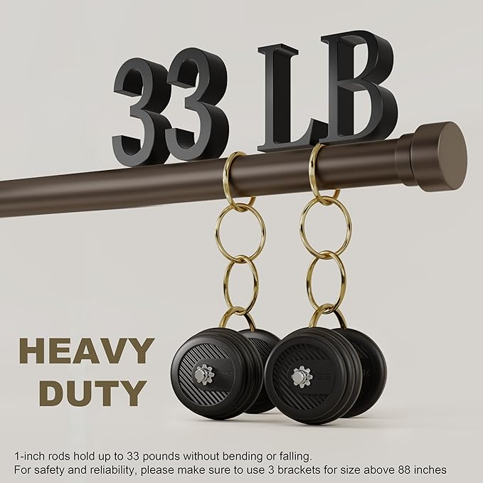 PORTRES Brown Heavy Duty Curtain Rods for Windows 28 to 48 Inches Adjustable Length 1" Diameter Curtain Rod with Modern Decorative Finials for Outdoor Farmhouse Bedroom Kitchen Living Room