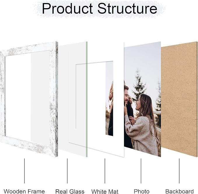 11x14 Picture Frame Set of 2, 11 x 14 Wood Photo Frames with Mat for 8x10, Rustic Natural Wooden Frame with Real Glass Cover for Wall and Tabletop Display,Distressed White