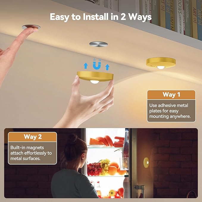 Yiliaw Rechargeable Puck Lights with Remote, 6 Pack Magnetic Under Cabinet Lighting, 1500mAh Battery Operated LED Tap Lights with Dimmer & Timmer for Kitchen, Closet, Shelf - 3 Color Temps, Gold