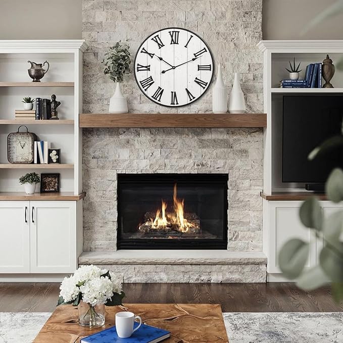 MODE HOME Large Rustic Wooden Wall Clock, 24 Inch Whitewashed Farmhouse Wall Clock with Carved Roman Numerals, Silent Battery Operated Round Vintage Clock for Living Room, Kitchen, Bedroom, Study Room