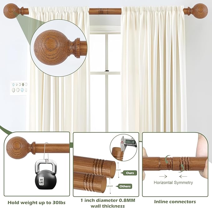 Wood Curtain Rods for Windows 36 to 72 Inch,1 Inch Wood Grain Ball Adjustable Curtain Rod,Boho Heavy Duty Curtain Rods,Farmhouse Rustic Single Window Curtains Rods,Brown Drapery Rods Set 36-72"