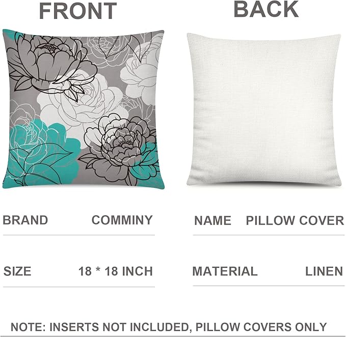 COMMINY Set of 6 Teal Grey Pillow Covers 18x18 Inch Decorative Daisy Dahlias Throw Pillow Cover Farmhouse Rustic Turquoise Pillow Case for Couch Living Room Patio