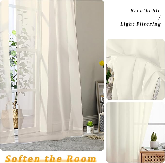 Gwine Cream Sheer Curtains 63 Inches Long 2 Panels Set, Voile Light Filtering Sheer Curtains for Living Room, Lightweight Rod Pocket Window Treatments Drapes, Each 42" Wx63 L, Cream