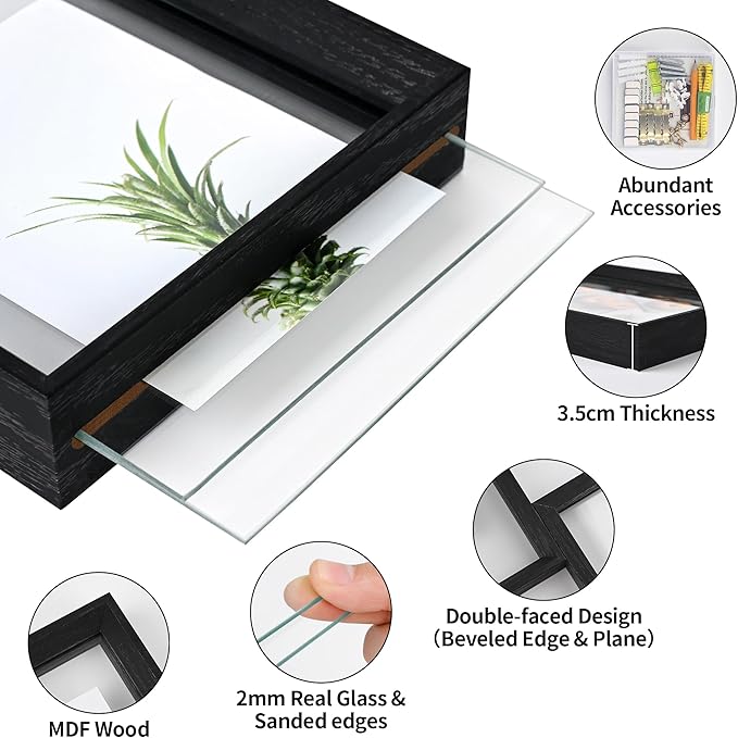 12x12 Floating Frames 2 Pack Wooden Photo Frame Double Sided Glass Picture Frame for Any Size Picture up to 12x12, Wall Mount or Tabletop Displays, Double-edged Frames, Black