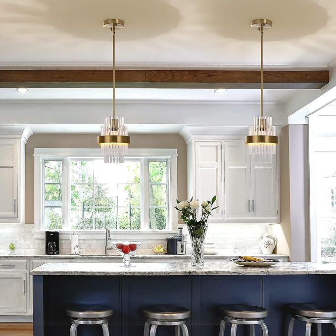 Pendant Light Fixtures, 7inch Modern Glass Pendant Light, 2 Pack Brass Color Kitchen Island Pendant Lights, Height Adjustable Pendant Lighting