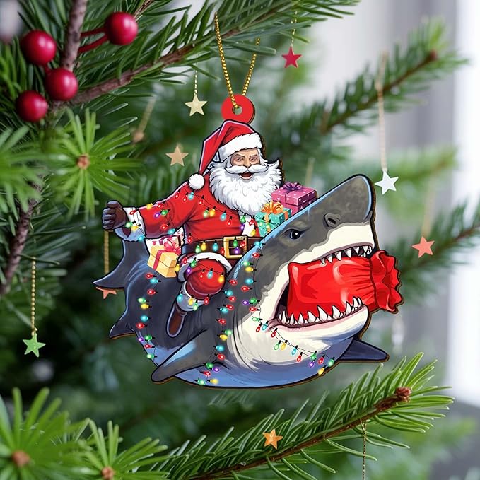 Santa Ornament - Wooden Xmas Tree Hanging Decorations - Santa Riding Shark Christmas Home Decor - Christmas Ornament Gifts - 2 Side Printed Ornaments