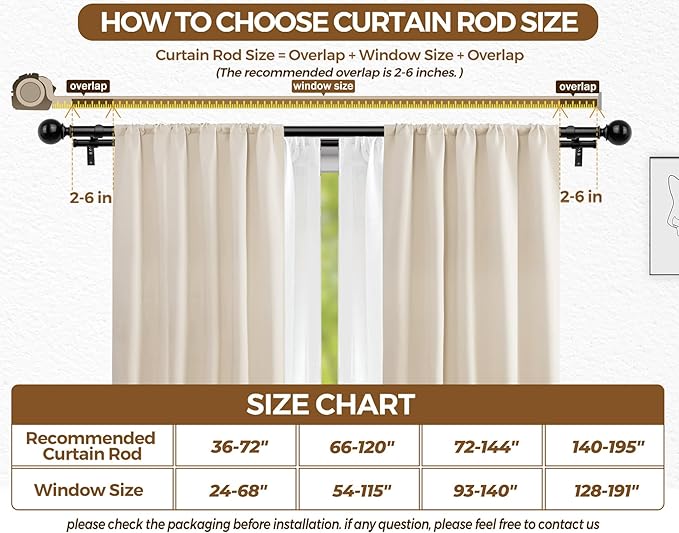 KAMANINA 1 Inch Double Curtain Rod 72 to 144 Inches(6-12 Feet), Black Telescoping Curtain Rods for Windows 66 to 120 Inches, Heavy Duty Drapery Rod with Round Finials