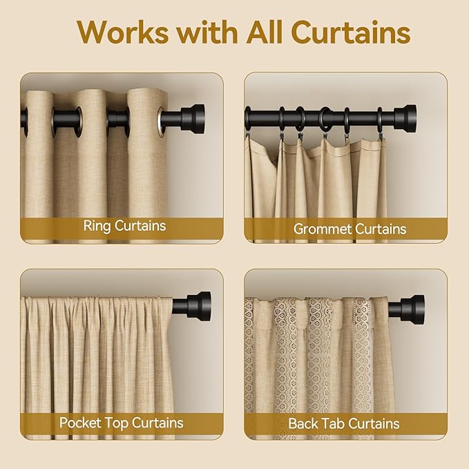 YaFex Curtain Rods 2 Pack 32-118 Inch, Heavy Duty 1 Inch Curtain Rod, Black Long Adjustable Window Treatment Rods,Modern Design, Easy Installation