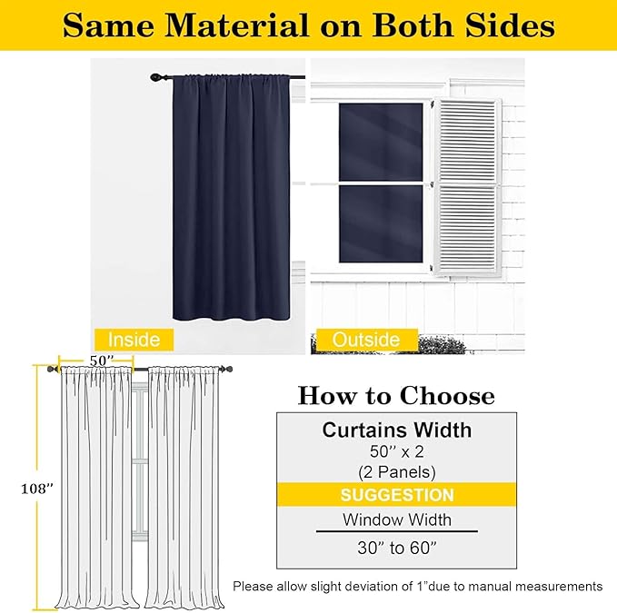 Extra Long Navy Blue Blackout Curtains for Bedroom Living Room 108 Inches Long 2 Panels, Soft Solid Room Darkening Thermal Insulated Window Treatments, Rod Pocket Curtain, 50" Wx108 L