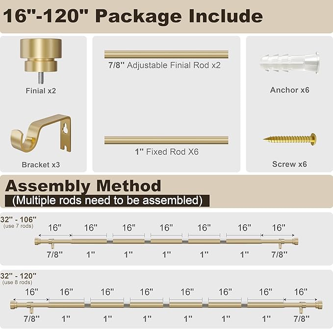 PORTRES Warm Gold Heavy Duty Curtain Rods for Windows 66 to 120 Inches Adjustable Length 1" Diameter Brass Curtain Rod with Modern Decorative Finials for Outdoor Bedroom Kitchen Living Room
