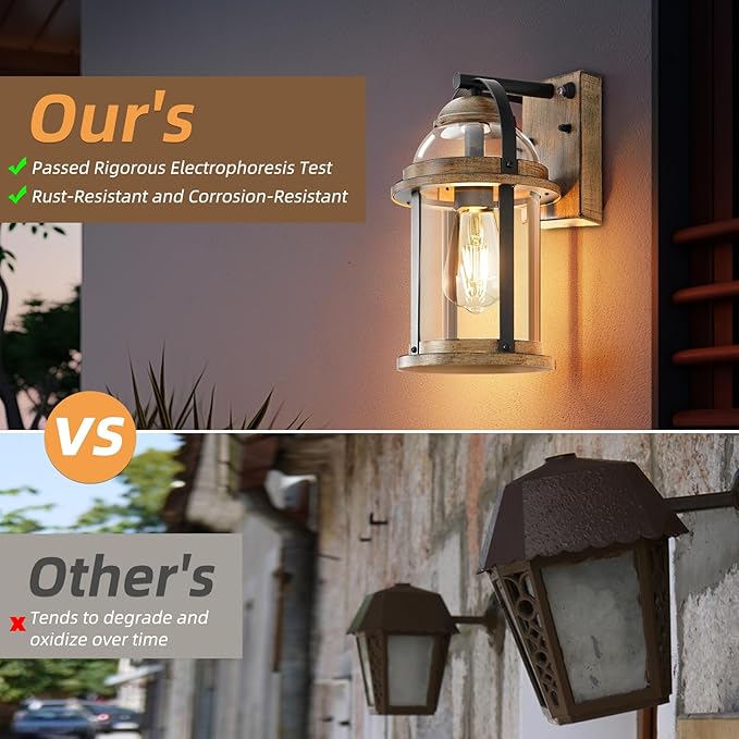 OKELI Dusk to Dawn Outdoor Wall Lights, Waterproof Lighting Fixtures Rustic Farmhouse Wall Lanterns with Clear Glass Shades Anti-Rust Outside Lights for Garage Patio Porch(Wood Grain, 2 Pack)