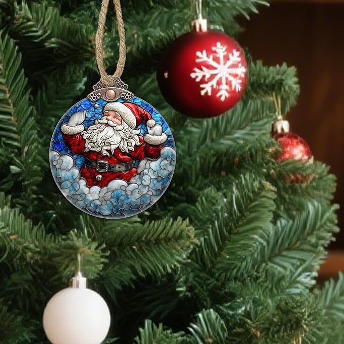 Stained Glass Christmas Decorations, Red Man Santa Claus Blue Cloud Suncatcher for Window Christmas Tree Hanging Ornaments Sun Catcher Xmas Decor Gifts for Women Men Mom Nana Friend