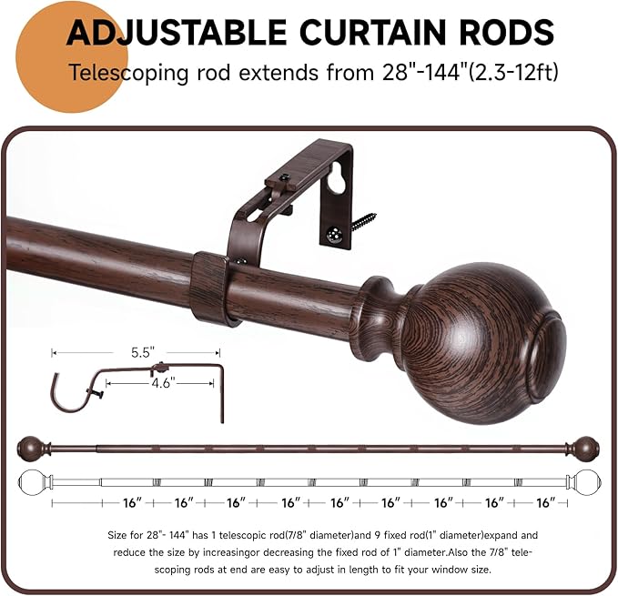 Wood Bronze Curtain Rods for Windows 28"-144" (2.3-12ft), 1" Heavy Duty, Imitation Wood Grain Finials, Adjustable, Bronze Wood