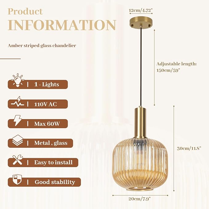 Amber Glass Pendant Light 8 inch, Mid Century Modern 1-Light Pendant Lighting for Kitchen Island Dining Room Bedroom Bar, Vintage Gold Adjustable Hanging Light Fixture Ceiling Mount