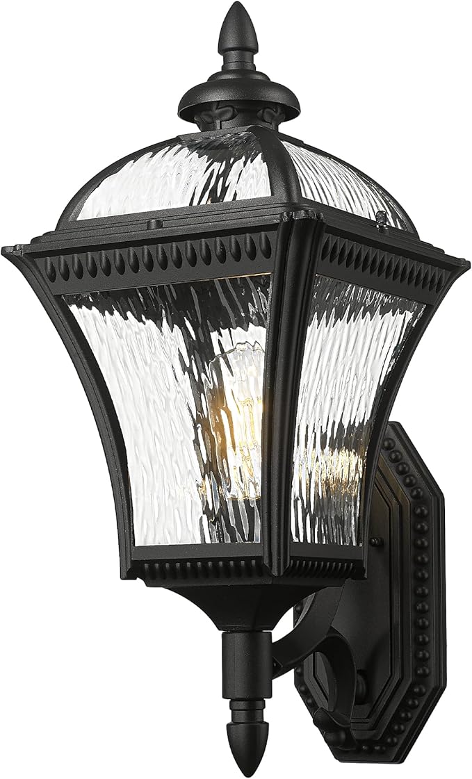 Emliviar 23 Inch Outdoor Light Fixture Wall Mount, Modern Black Outdoor Wall Sconce with Water Ripple Glass, Weatherproof Exterior Wall Light, XE266B-SW BK