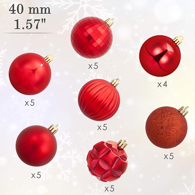 AMS 34ct Christmas Ball Mini Ornaments Party Decorations Shatterproof Festival Pendant Hangings for Xmas Tree Decor(1.57''/40mm,Red)