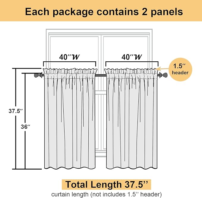 Lecloud Charcoal Grey Sheer Kitchen Curtains 36 Inch Length 2 Pcs, Sheer Voile Curtain Tiers with Dual Rod Pockets, Cafe Window Small Curtains for Bedroom Living Room, 40 x 36 Inch
