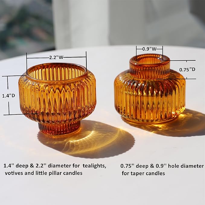 Woho Candlestick Holders Set of 4, Amber Votive Candle Holders for Fall Wedding Table Centerpiece, Ribbed Glass Taper Candle Holders for Dinner Party Halloween Thanksgiving Decor