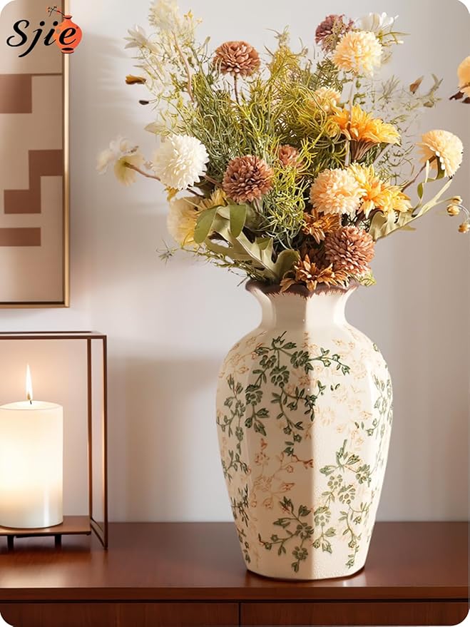 Vintage Ceramic Vase - 9 Inch Hand-Painted Flowers with Ice Crackle Glaze Finish, American Farmhouse Style Pitcher Vase for Home Decor, Centerpiece, Shelf, Table, Office