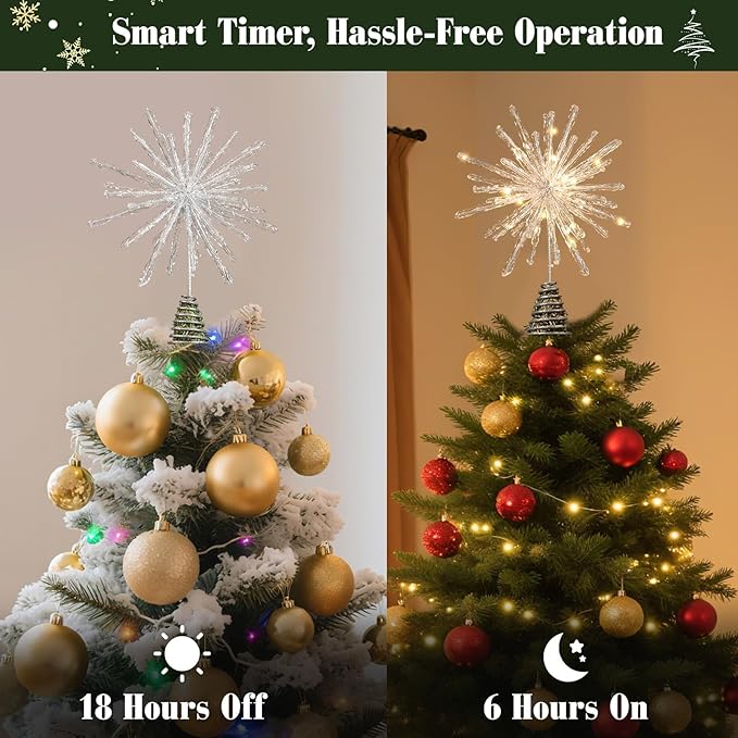 Lewondr Christmas Tree Topper, 12.2'' Glittered Epoxy Firework Xmas Tree Topper with 30 LED Bulbs, 6 Hrs Timer and 8 Modes USB Remote Control, Christmas Treetop Decor for Home Holiday, Silver