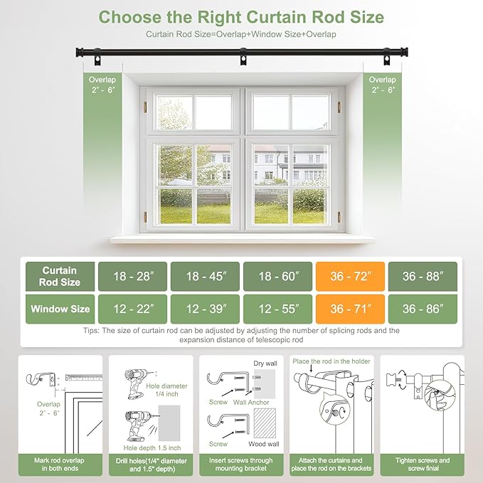 Sturdy Durable Curtain Rod:Black Curtain Rods for Windows 36-72 Inch,Adjustable Heavy Duty Curtains Rod for Bedroom/Kitchen/Dorm/Apartment/Door,Small Modern Decorative Drapery Rods (All-Metal)