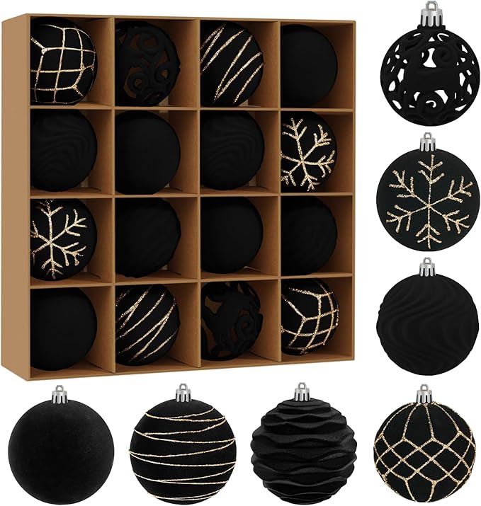 Artmag 16Pcs Velvet Christmas Ornaments Balls Sets for Christmas, Plastic Shatterproof Xmas Tree Flocked 2.36 inch Ornaments Balls for Winter Holiday Decor (Black)