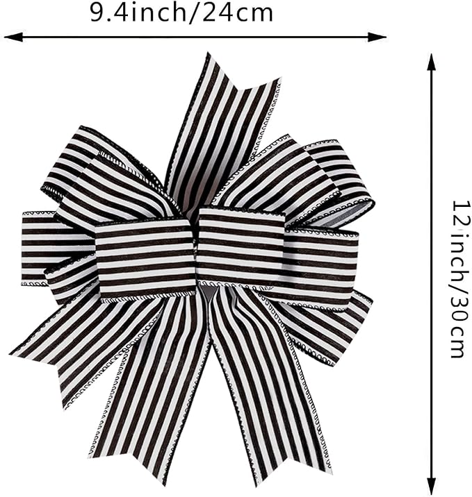2 Pack Black White Stripe Halloween Fall Bows for Wreaths,12”x9.4”Black and White Christmas Decorations Bow for Gift Wrapping Tree Topper Wedding Holiday Birthday Party Wall Home Front Door