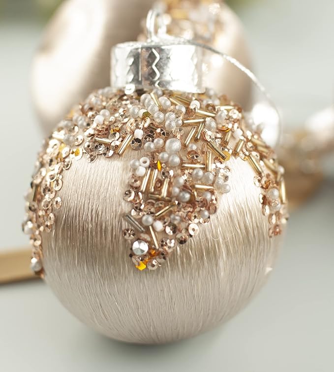 12Pcs 4” Silk Christmas Ball Decorations, Satin Christmas Tree Ornaments, Luxury Vintage Hanging Christmas Home Decor for Xmas Holiday Wedding Party Decoration (Champagne)