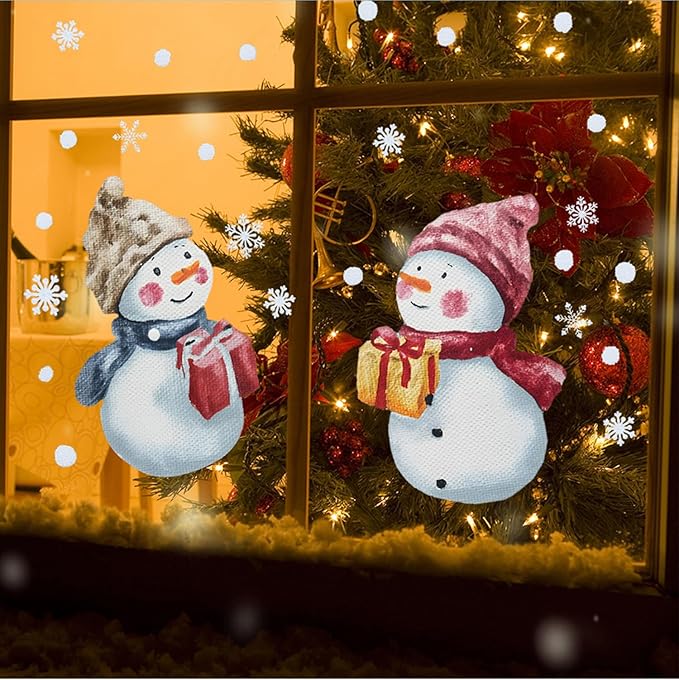 Christmas Snowman Wall Decals Stickers — Cute Winter Snowmen with Gift Boxes and Snowflakes Removable Vinyl Wall Decor for Living Room, Bedroom, Office, Holiday Decoration